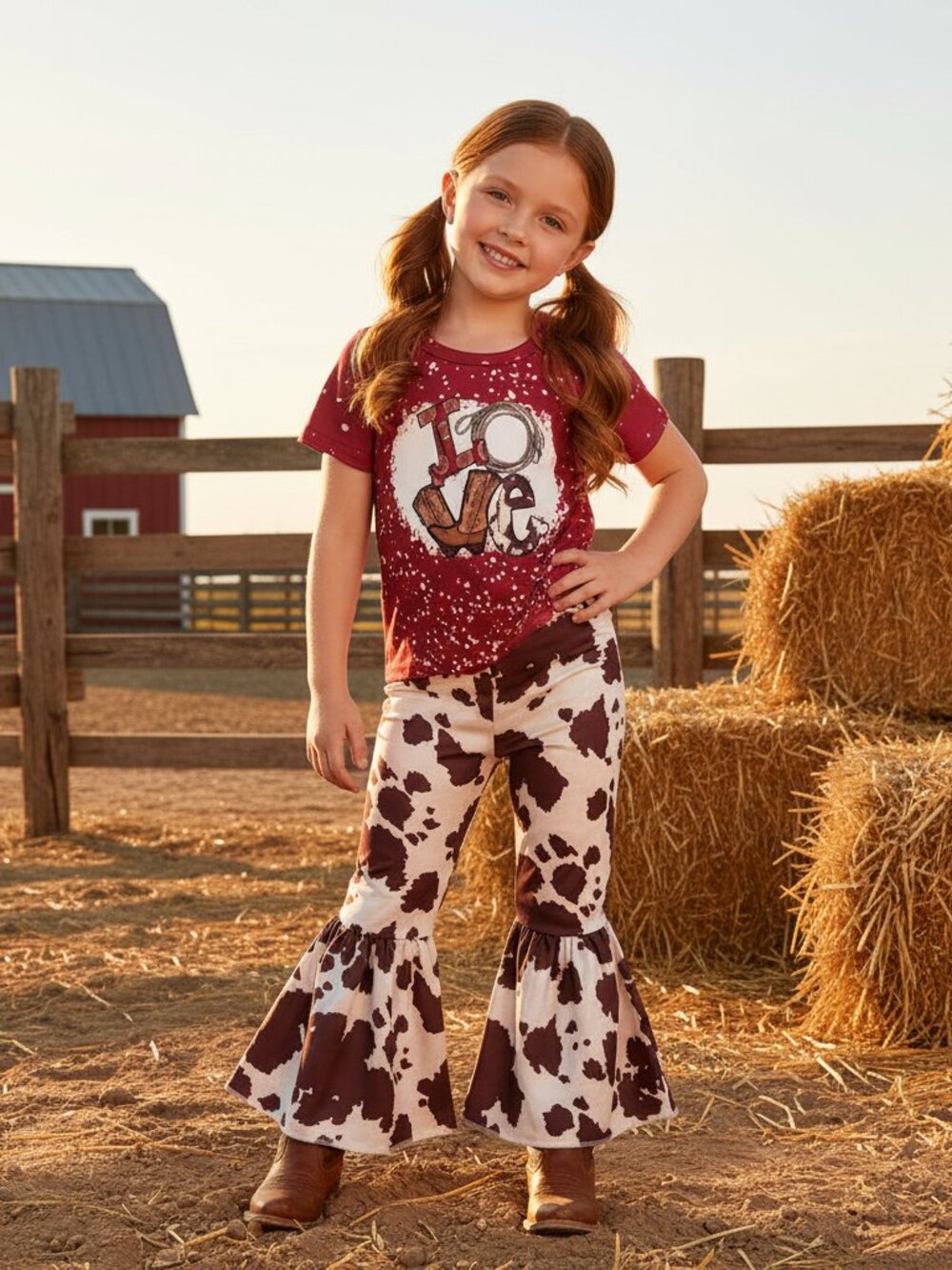 LOVE Cowprint Bell Bottom Outfit for Girls | Western Cowgirl Set